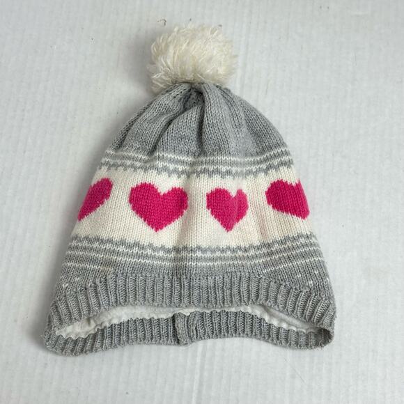 Carter's Knit Winter Beanie Hat Pom Heart Print Ear Flaps Toddler Girls 2T 3T 4T - Picture 6 of 6